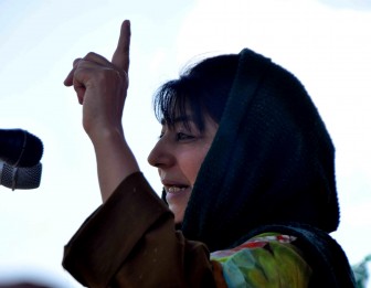 Peoples Democratic Party (PDP) chief Mehbooba Mufti Sayeed during a public meeting in Kulgam district of Jammu and Kashmir on June 2, 2014. (Photo: IANS)