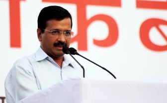 New Delhi: Delhi Chief Minister Arvind Kejriwal addresses during a public cabinet meeting at Central Park to mark 100 days of the AAP government in New Delhi on May 25, 2015. (Photo: IANS)